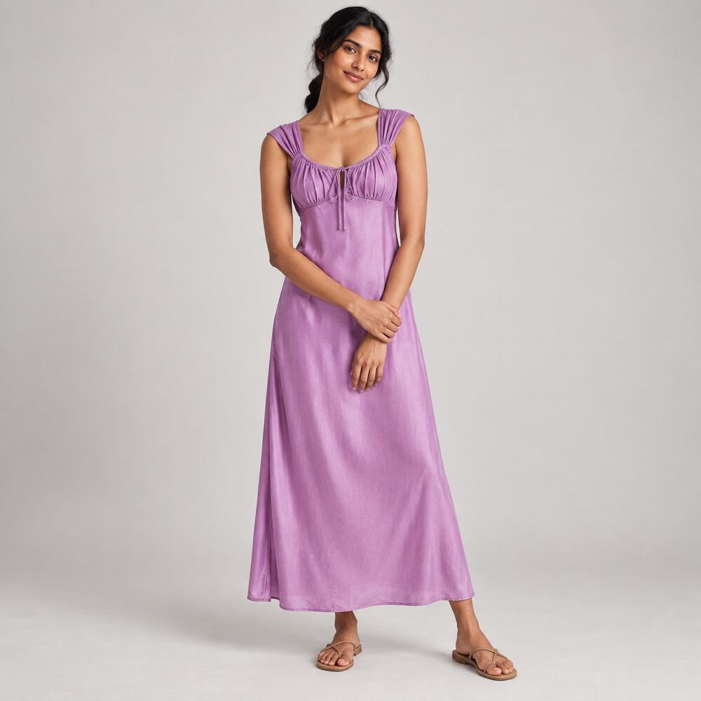 Madewell Dress WMNS 2 Purple Ruched Tie Neck Maxi Cupro Coquette Balletcore